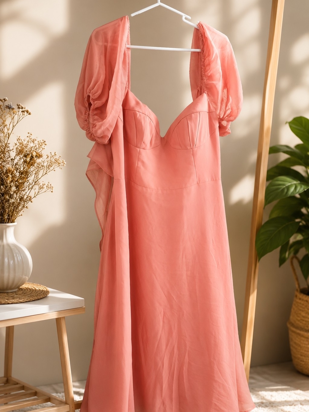 Barbie Coral One-Shoulder Maxi Dress with Puff Sleeve